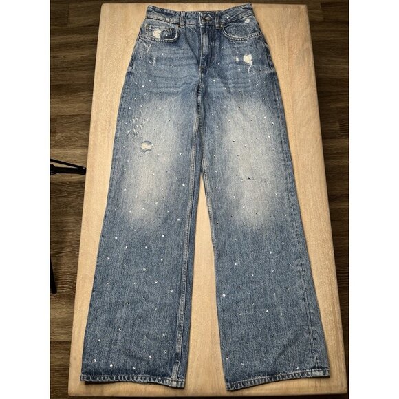Maje High Waisted Jeans with Rhinestones Straight Leg Medium Wash Size 34 US XS - Picture 3 of 11